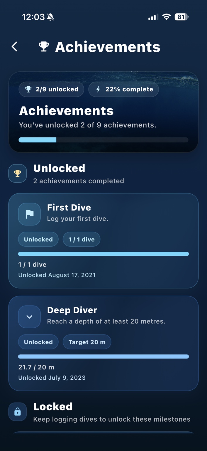 SpearoLog achievements screen showing milestones and logging progress