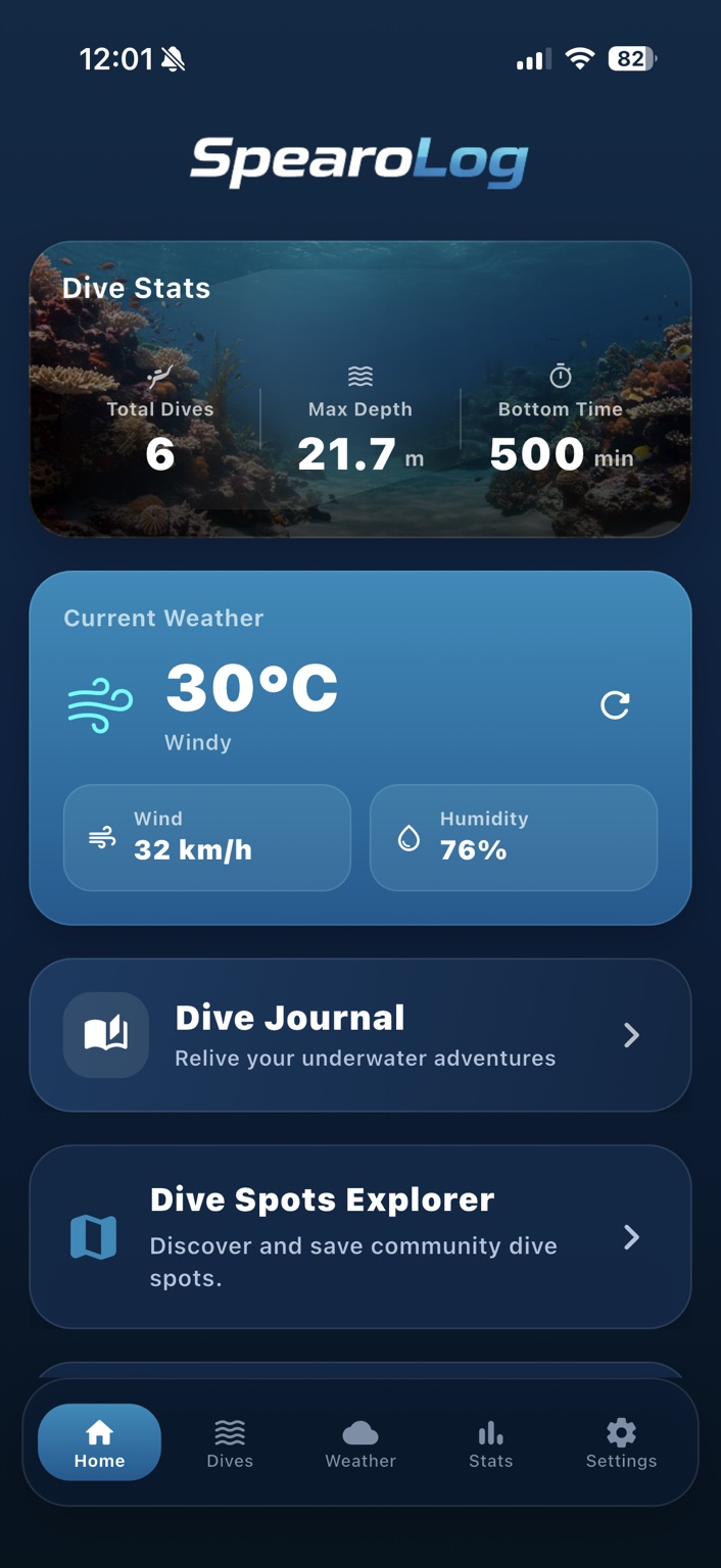 SpearoLog home screen showing the actual app dashboard with dive summary and quick actions
