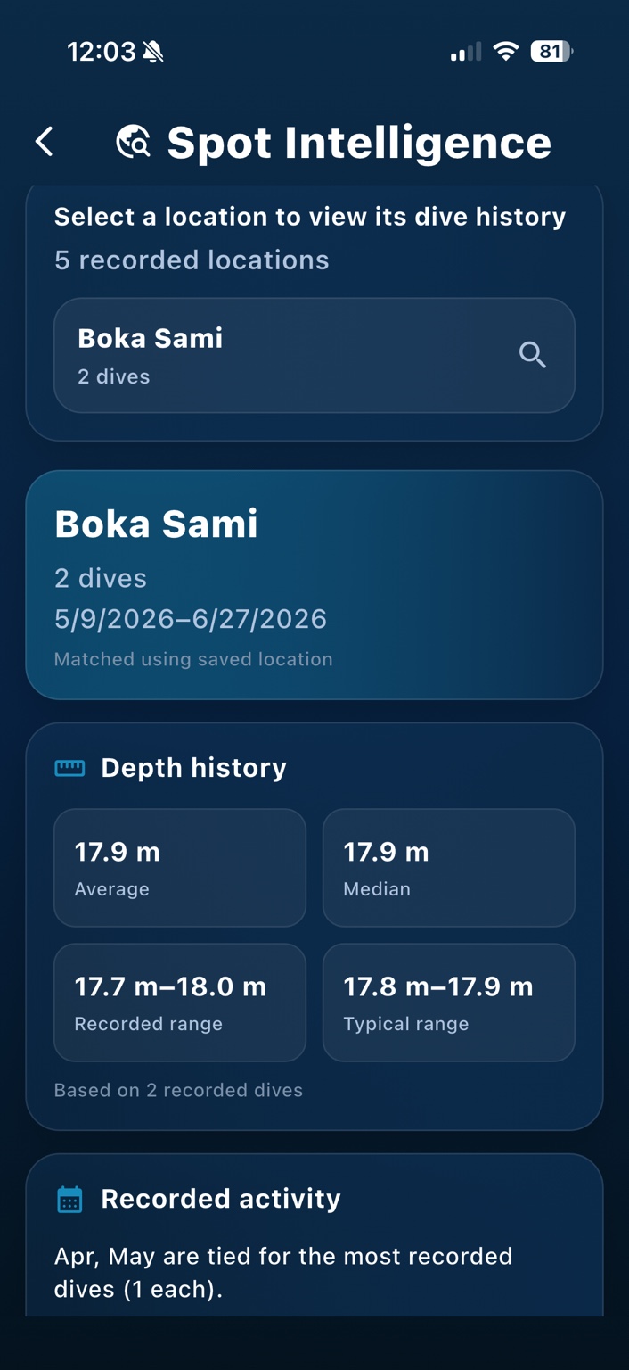 SpearoLog spot intelligence screen showing dive spot information and location insights