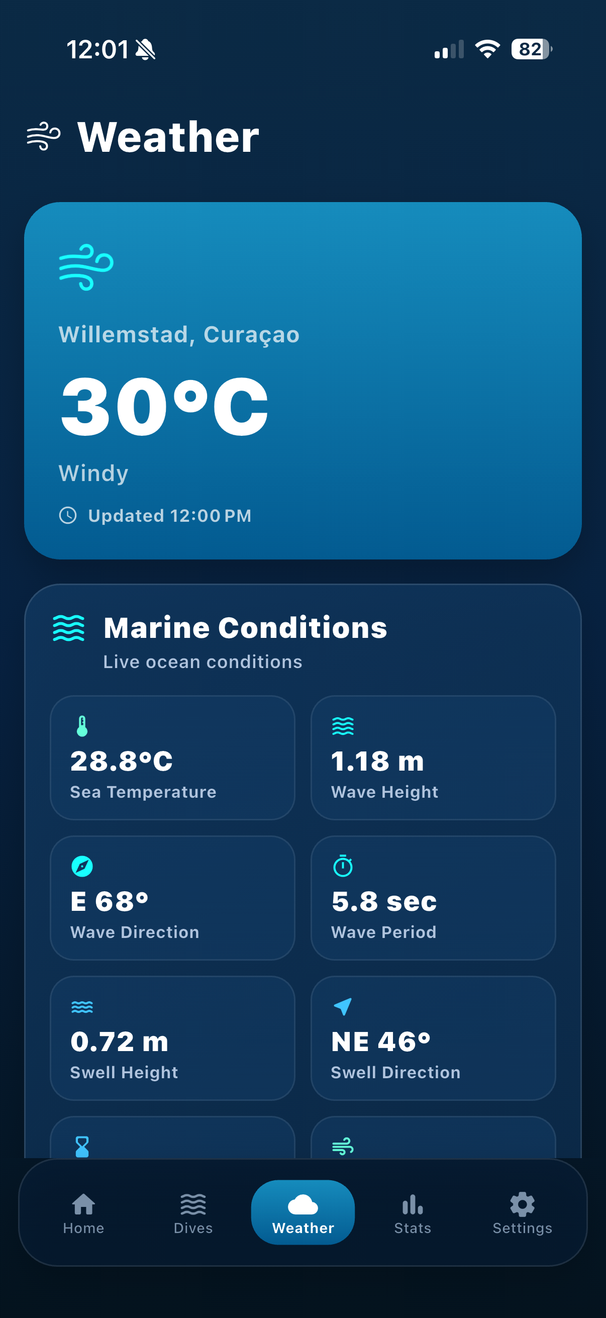 SpearoLog weather and marine conditions screen with weather, sea temperature, waves, and swell information